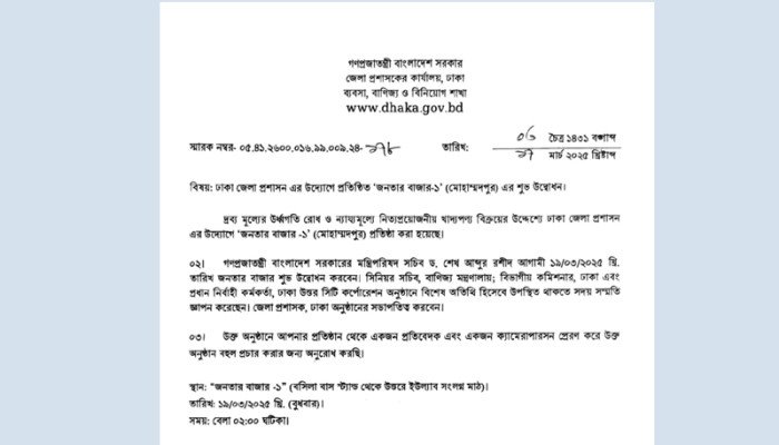 মোহাম্মদপুরে শুরু হচ্ছে ঢাকা জেলা প্রশাসনের ‘জনতার বাজার-১’